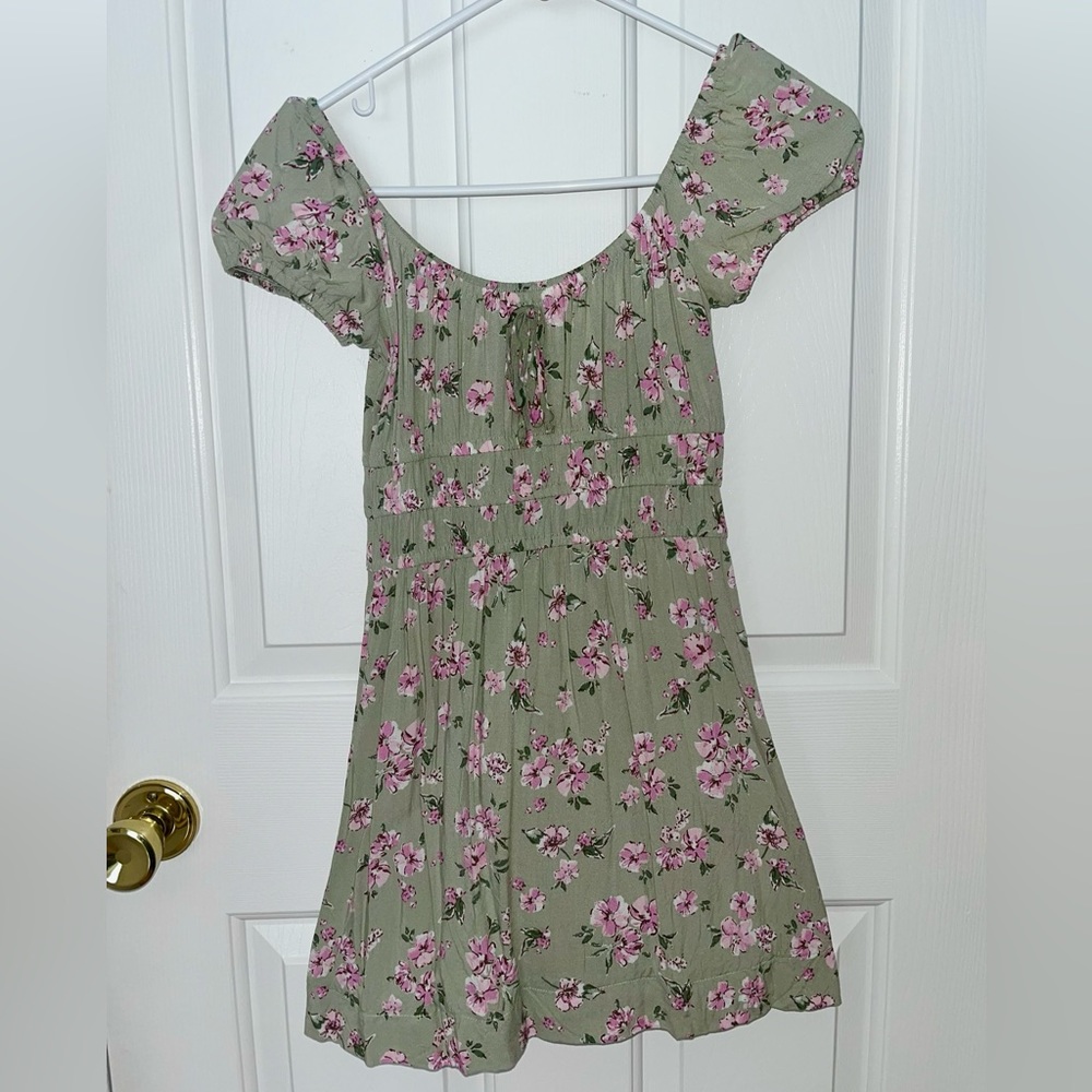 Womens Tie Cap Sleeve Scoop Neck Mini Fit + Flare Floral Dress